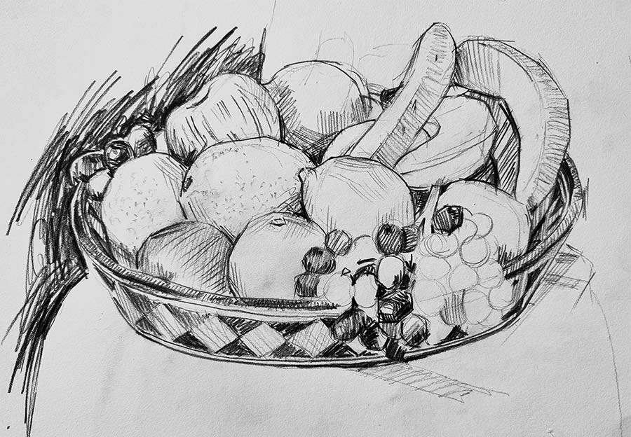 Still life drawing of fruit bowl - Great Gidding Drawing Group